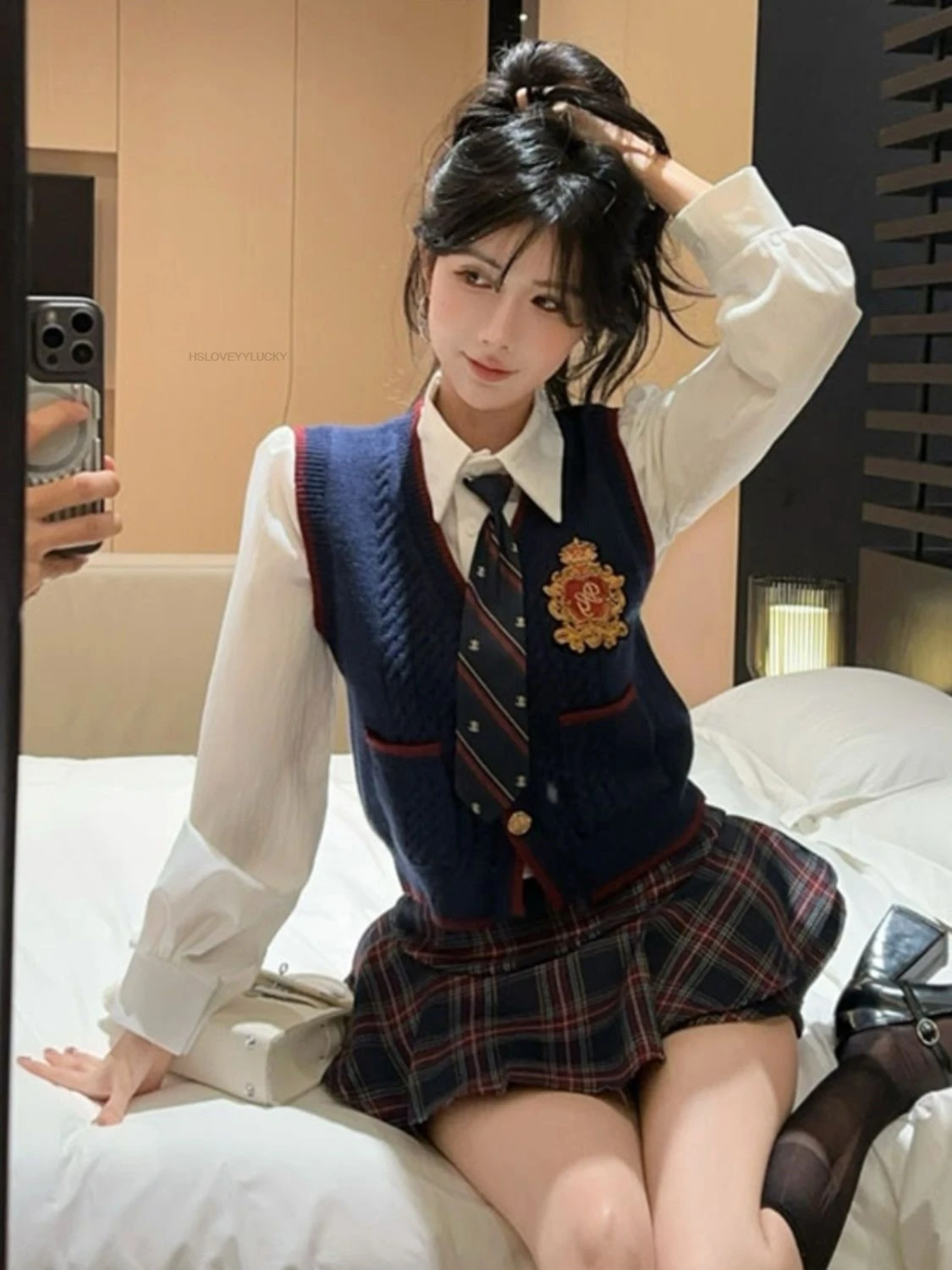 Academic Style Jk Uniform Versatile Korean White Shirt Vest Plaid Half Skirt Set Women Sexy Improved Fashion Daily Jk Uniform