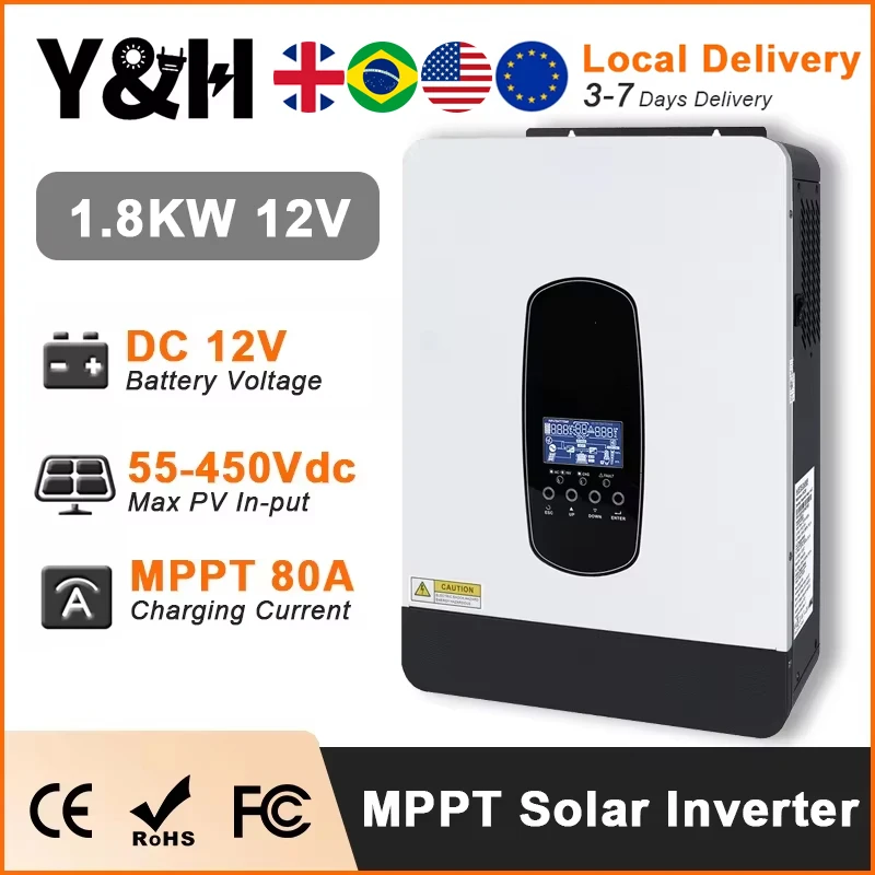 Y&H 1.8KW Hybrid Solar Inverter 12V 220V Off-grid Solar Inverter with 80A MPPT Charge Controller Pure Sine Wave Inverter WiFi