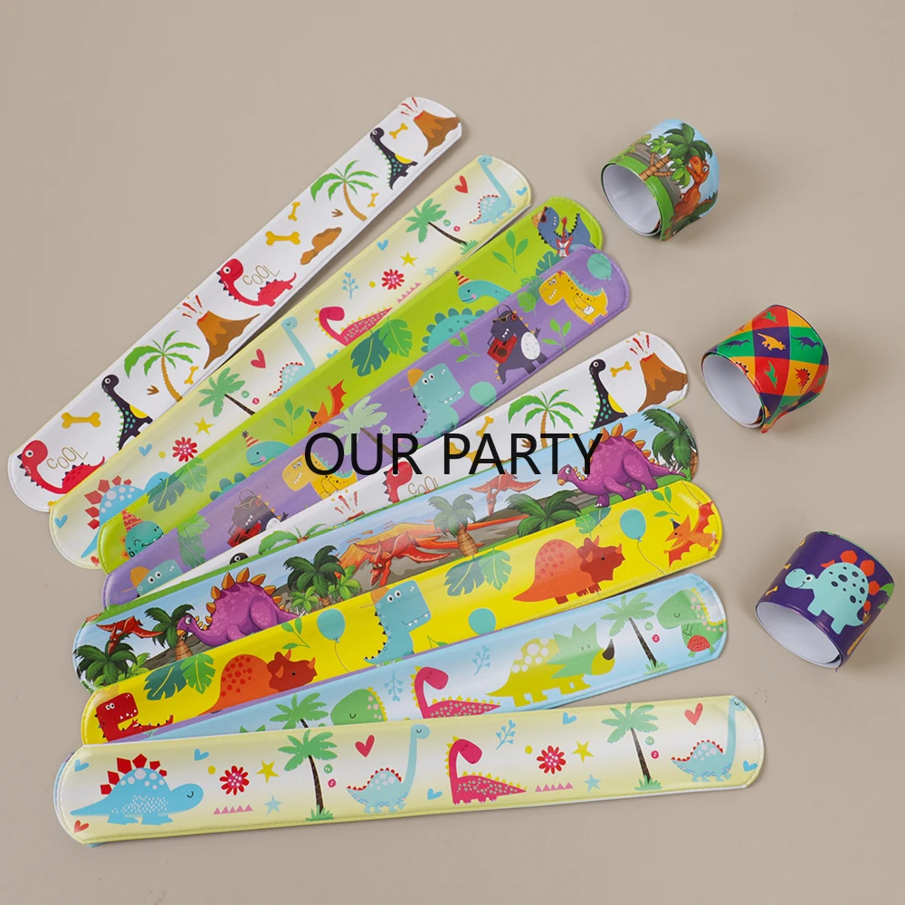 12Pcs Jungle Dinosaur Theme Slap Bracelet Safari Dino Wristband Toys for Kids Birthday Party Favors Pinata Fillers Goodie Bag