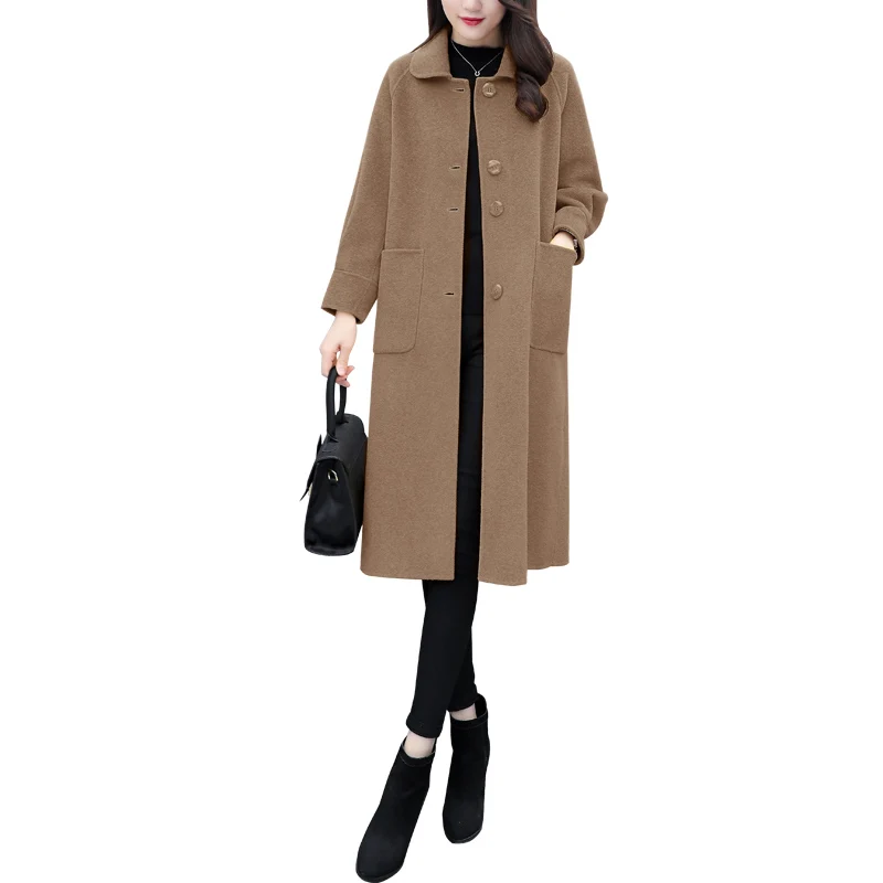 Lantern Sleeve Woolen Coat Women's 2024 Autumn Winter Mid-Length Korean Wool Jacket Ladies Loose Single-Breasted Chic Outerwear