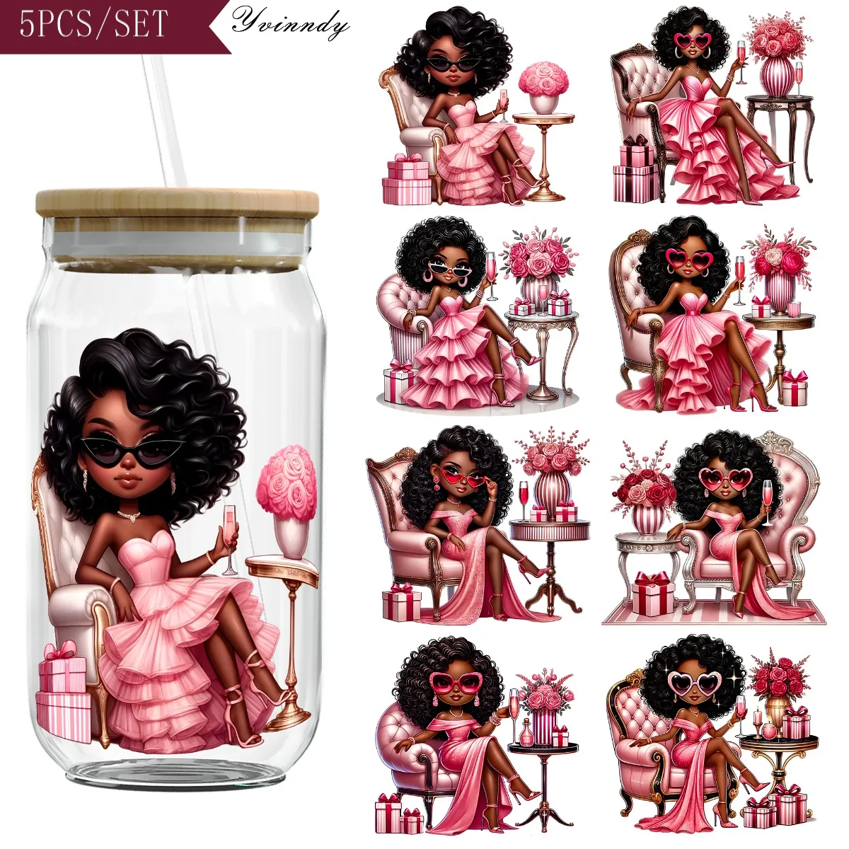 5 Stück/Set Elegante Königin UV DTF DIY 16OZ Transferaufkleber für DIY-Becher, Computer, Scrapbook usw. (Nur Aufkleber enthalten)