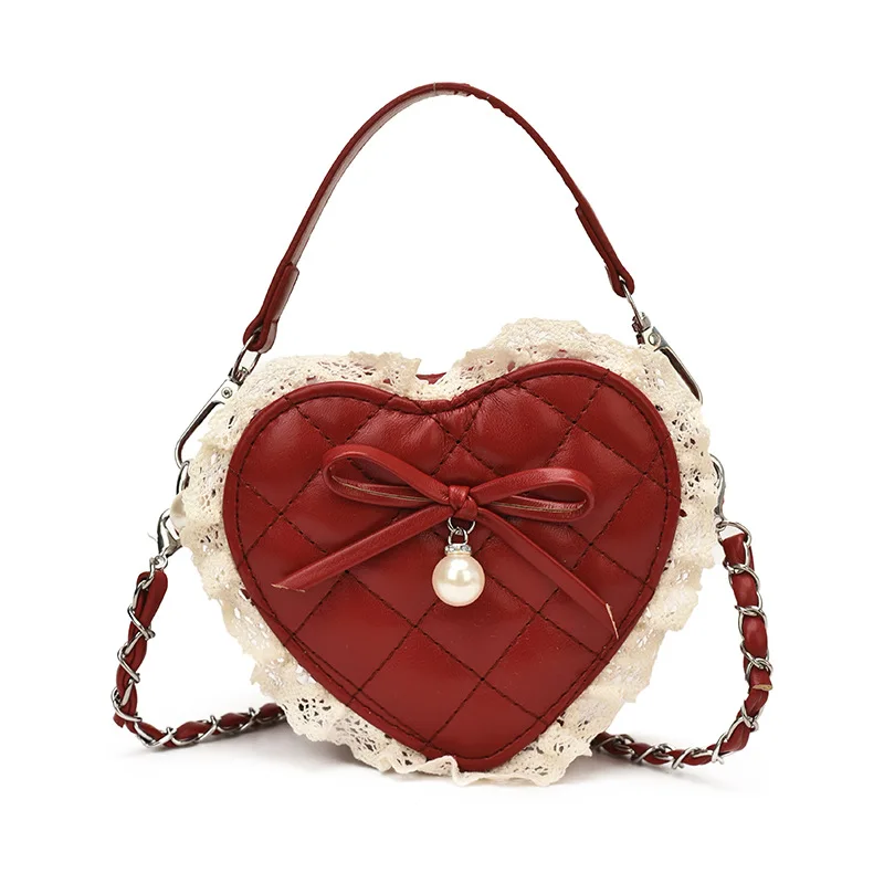 Girl Soft PU Polka Dot Heart Shape Mini Crossbody Bag Elegant Ruffled Lace with Bow Pearl Chain Strap Lightweight Shoulder Purse