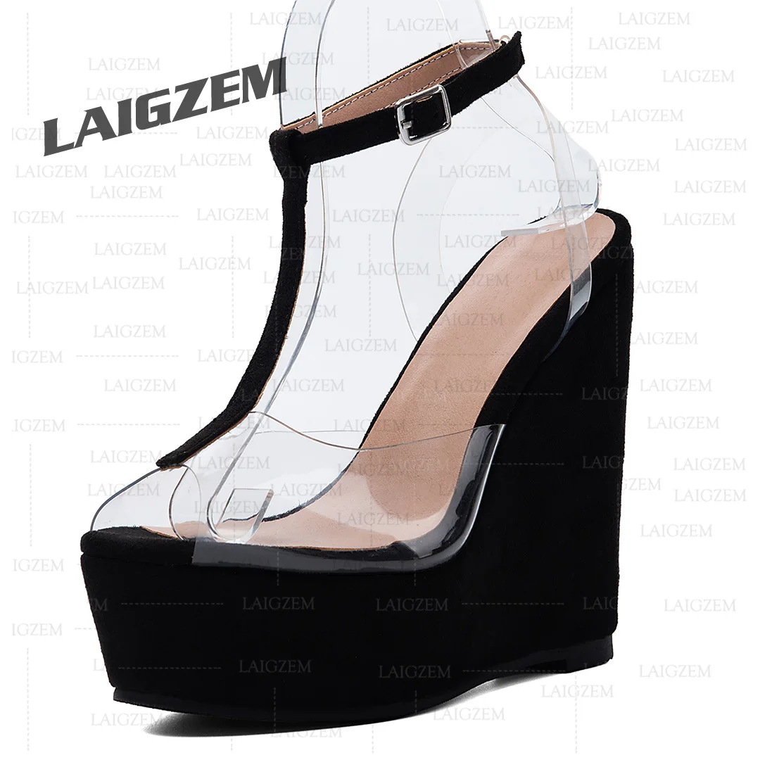 LAIGZEM Women Sandals Platform Wedges Ankle Strap Clear PVC Pumps Party Faux Suede Female Shoes Woman Big Size 41 43 50 52