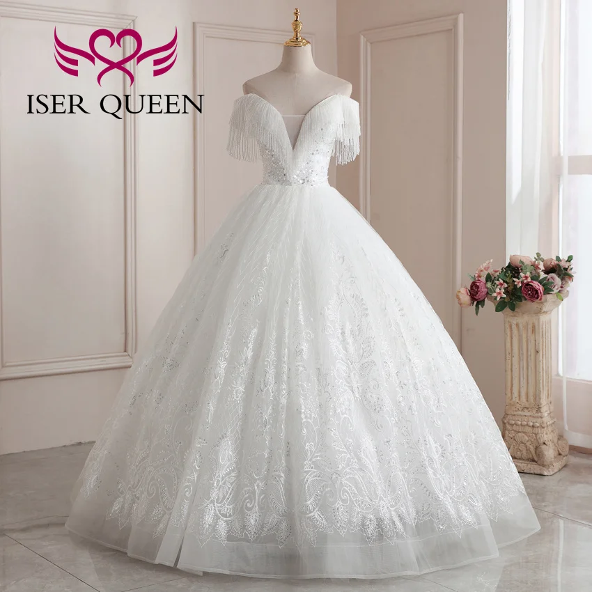 ที่กําหนดเองสีงาช้างเลื่อมประดับด้วยลูกปัดชุดบอลชุดแต่งงานเซ็กซี่ลึก V คอยุโรปแฟชั่นชุดเจ้าสาวสําหรับผู้หญิง WX0214