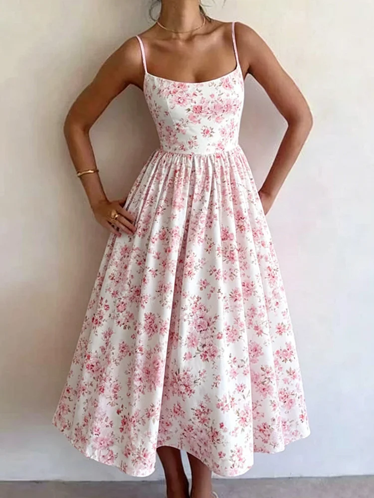 

Women's Pink Floral Print Spaghetti Strap A-Line Dress High Waist Casual Elegant Daily Street Party Vintage Summer Dresses
