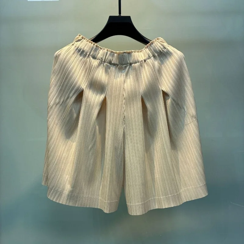 Miyake Pleated Casual Shorts Summer New Solid Color Simple Loose Comfortable High Waist Base Three-Quarter Pants for Women Pleat