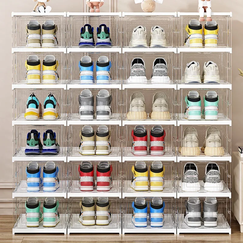 1PC 6 Tier Foldable Shoe Box Clear Stackable Shoe Organizer Dustproof Collapsible Shoes Storage Cabinet for Closet Entryway