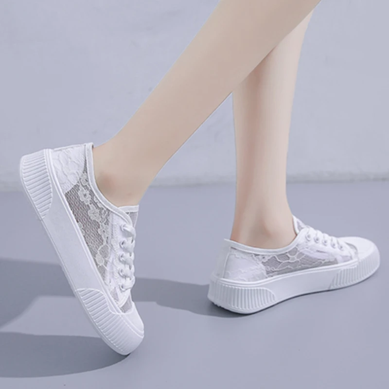 

New Shoes for Women Fashion Summer Casual Shoes Lace Hollow Breathable Ladies Platform Shoes Flats Woman Black Student Sneakers