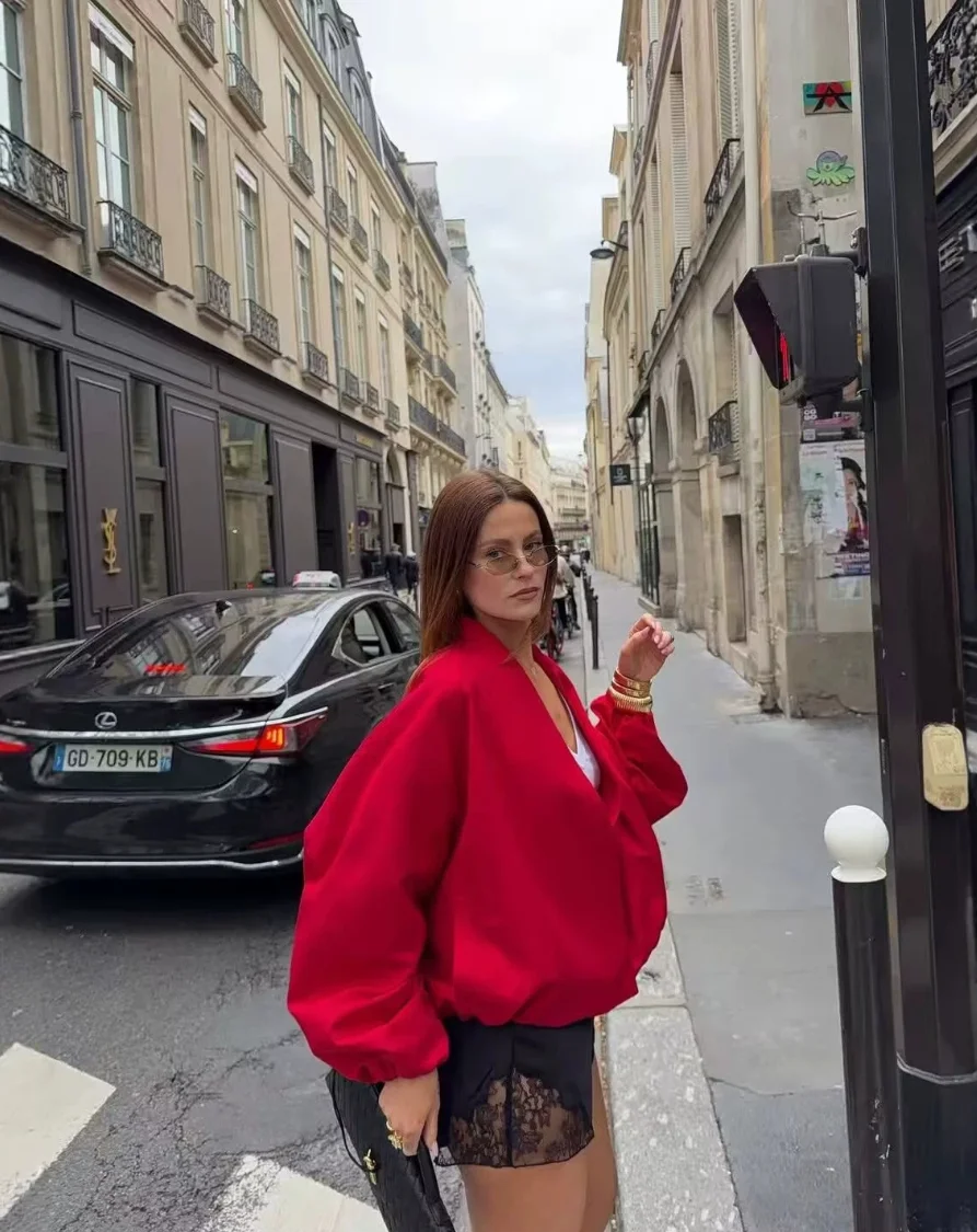 Women Red Oversized Jacket Stand Collar Long Sleeve Zip Up Loose Fit Bomber Jacket Elastic Hem Casual Streetwear Fall Fashion