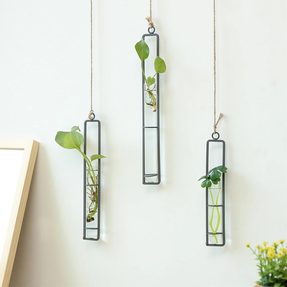 

2Pcs Iron Art Flower Vases Hanging Glass Planters for Home Office Decor Unique Metal Frame with Transparent Durability Ideal