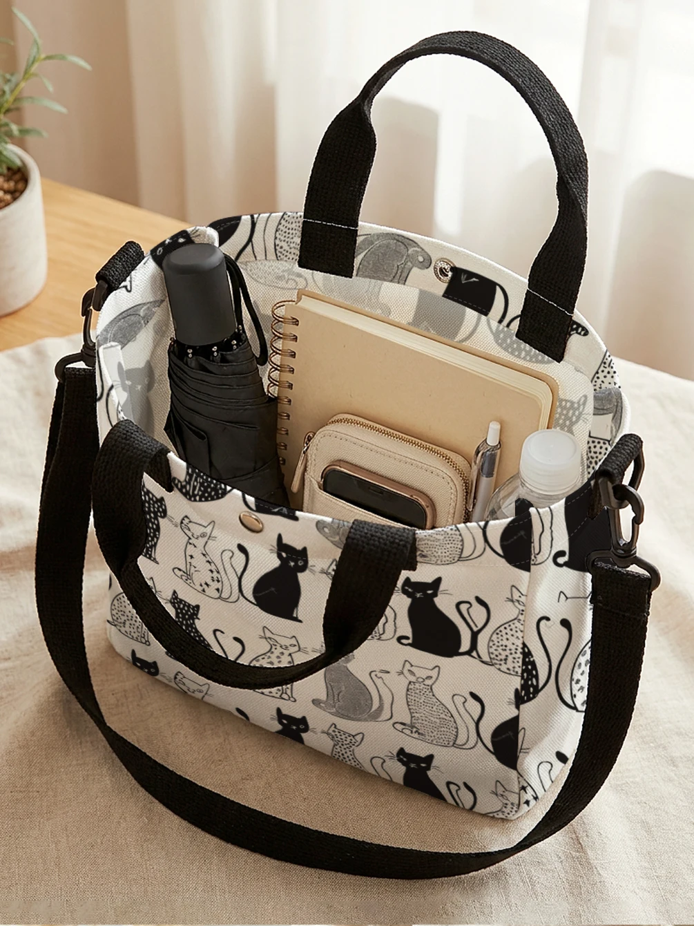 Black White Cartoon Cat Print Canvas Tote Bag Detachable Strap Crossbody Handbag For Women Daily Shopping