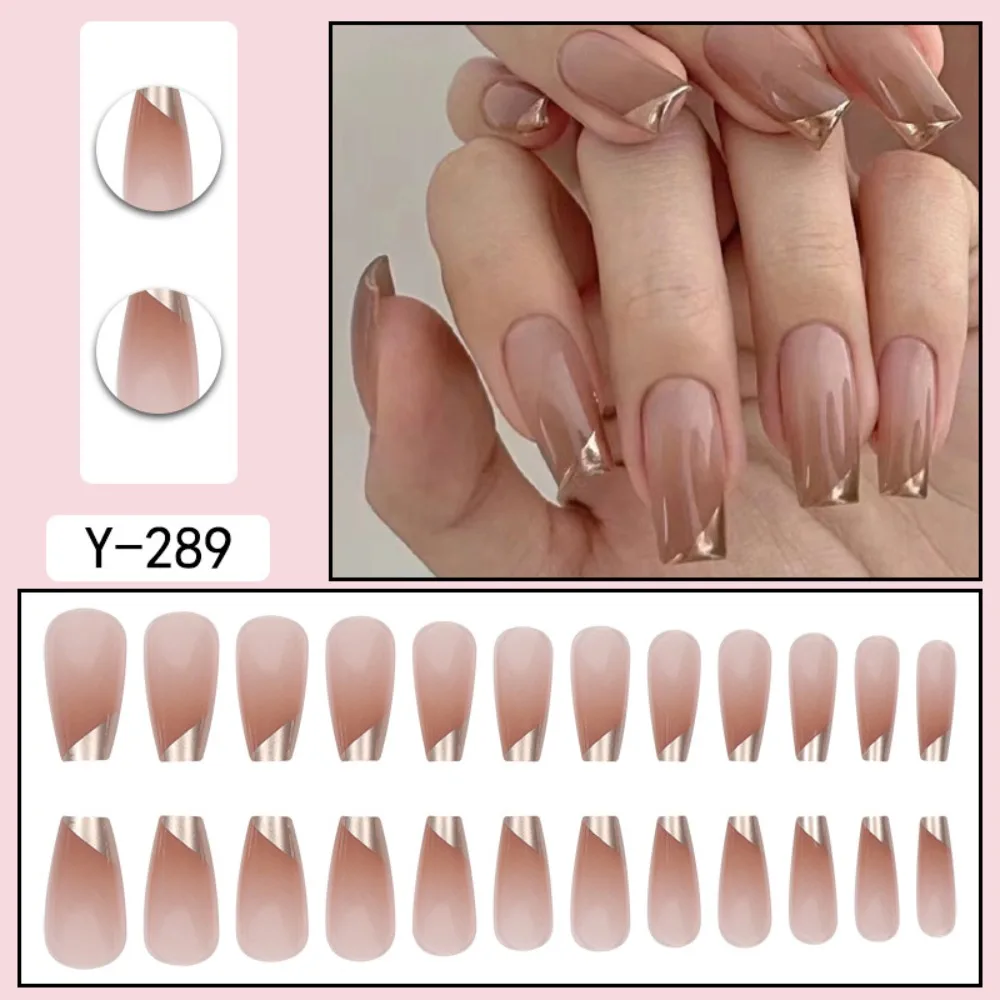 24pcs Fake Nails French Ballet Nail With Solid Color Gold Edge False Nails Press On Nails Waterproof Faux Fingernails