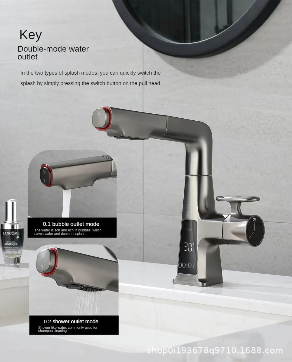 Rubinetto per lavabo da bagno Display digitale in ottone rubinetto alto per acqua sollevamento acqua calda e fredda estraibile miscelatore per lavabo da bagno rubinetto da cucina