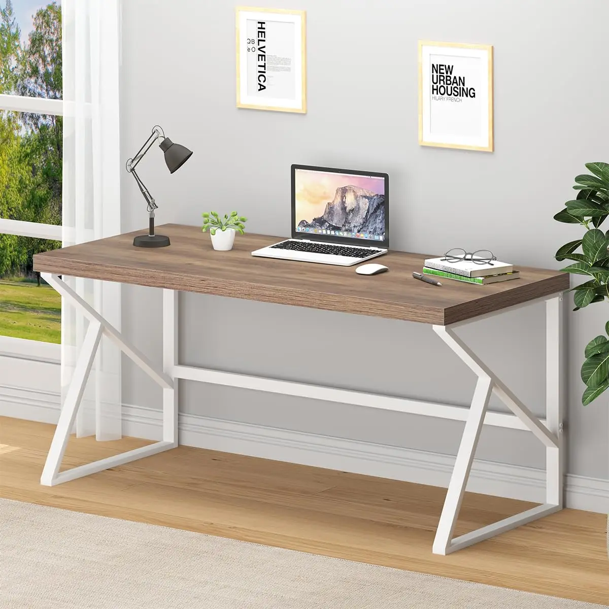 i*-Farmhouse Computer Desk, Large Home Office PC Desk, Modern Simple Metal Wood Desk Workstation For Executive Writing,