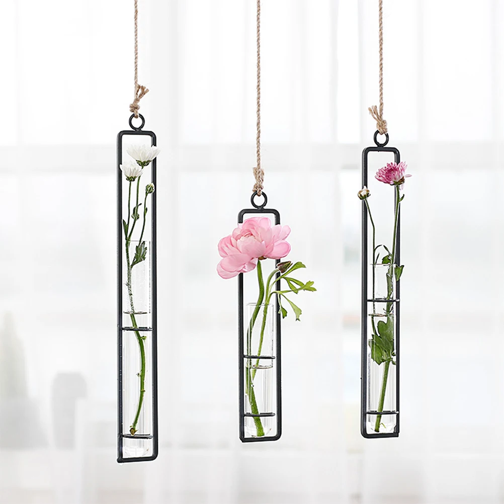 

Wall Hanging Flower Pot with Glass Test Tube for Hydroponic Plants Modern Rustic Vase for Living Room Bedroom Decoration
