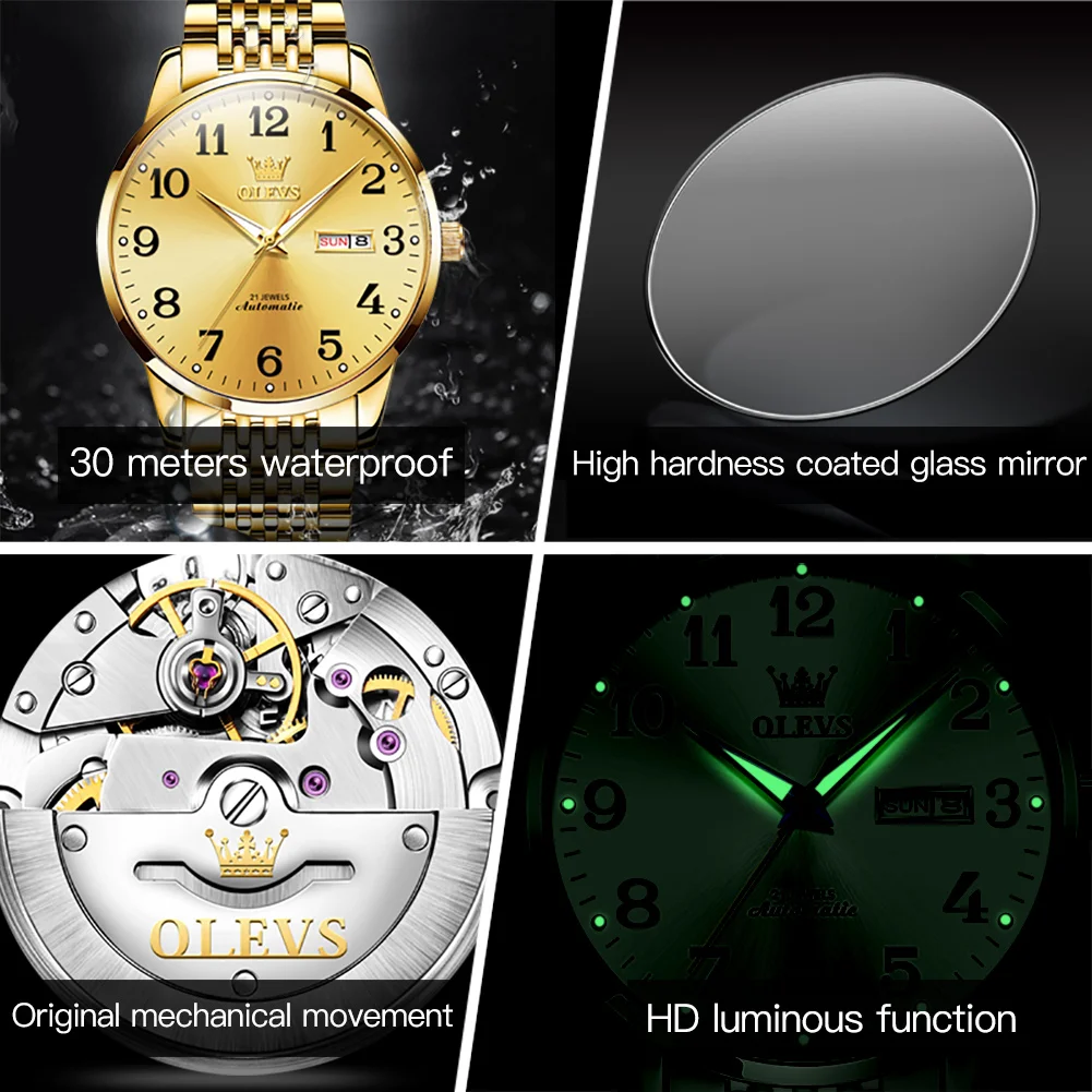 OLEVS Luxury Brand Couple Watches Original Automatic Mechanical Watch Waterproof Date Gold Stainless Steel Strap Digital Scale