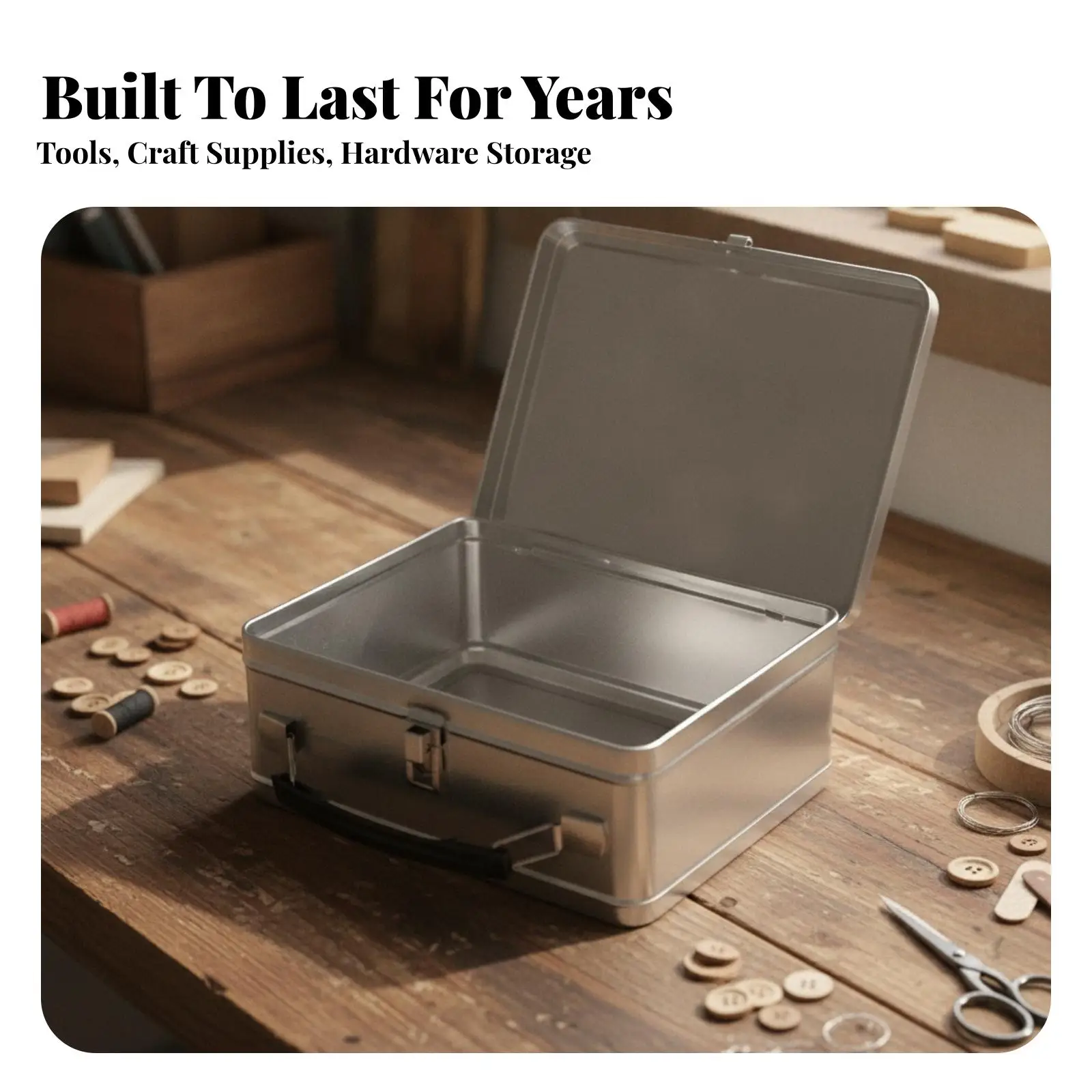 Portable Storage Container Rectangular Tin Box with Secure Lid for Office Home Travel Organization