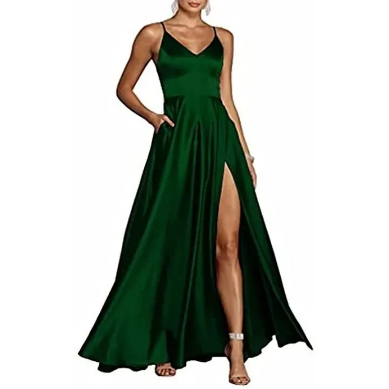 Customized Customized Simple Satin Straps Cross Back Wedding Party Vestidos Split Sexy Slim Sling Prom Dress Lace-up Back Elegan