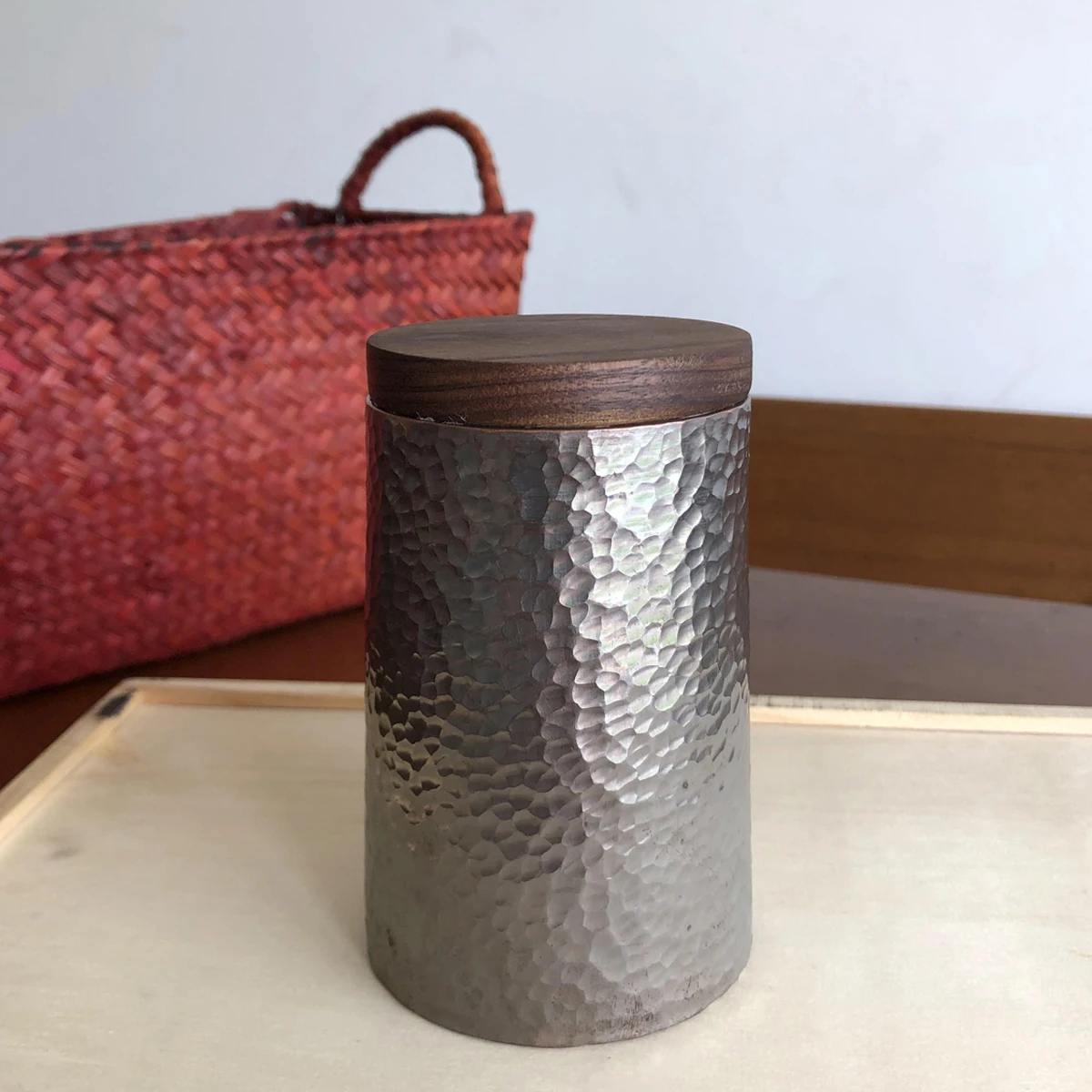 

Handcrafted Hammered Storage Bin with Walnut Lid, Pure Copper Jar, Sealed Container, Tea Coffee Canister