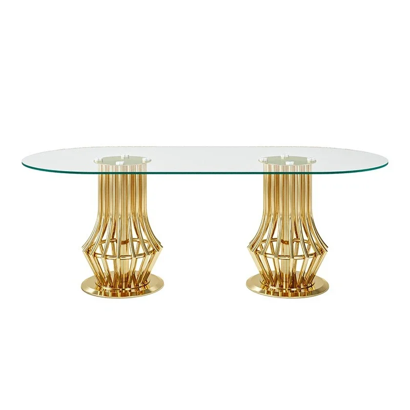 

Light luxury stainless steel dining table Hong Kong-style oval table Household Italian glass dining table Modern simple