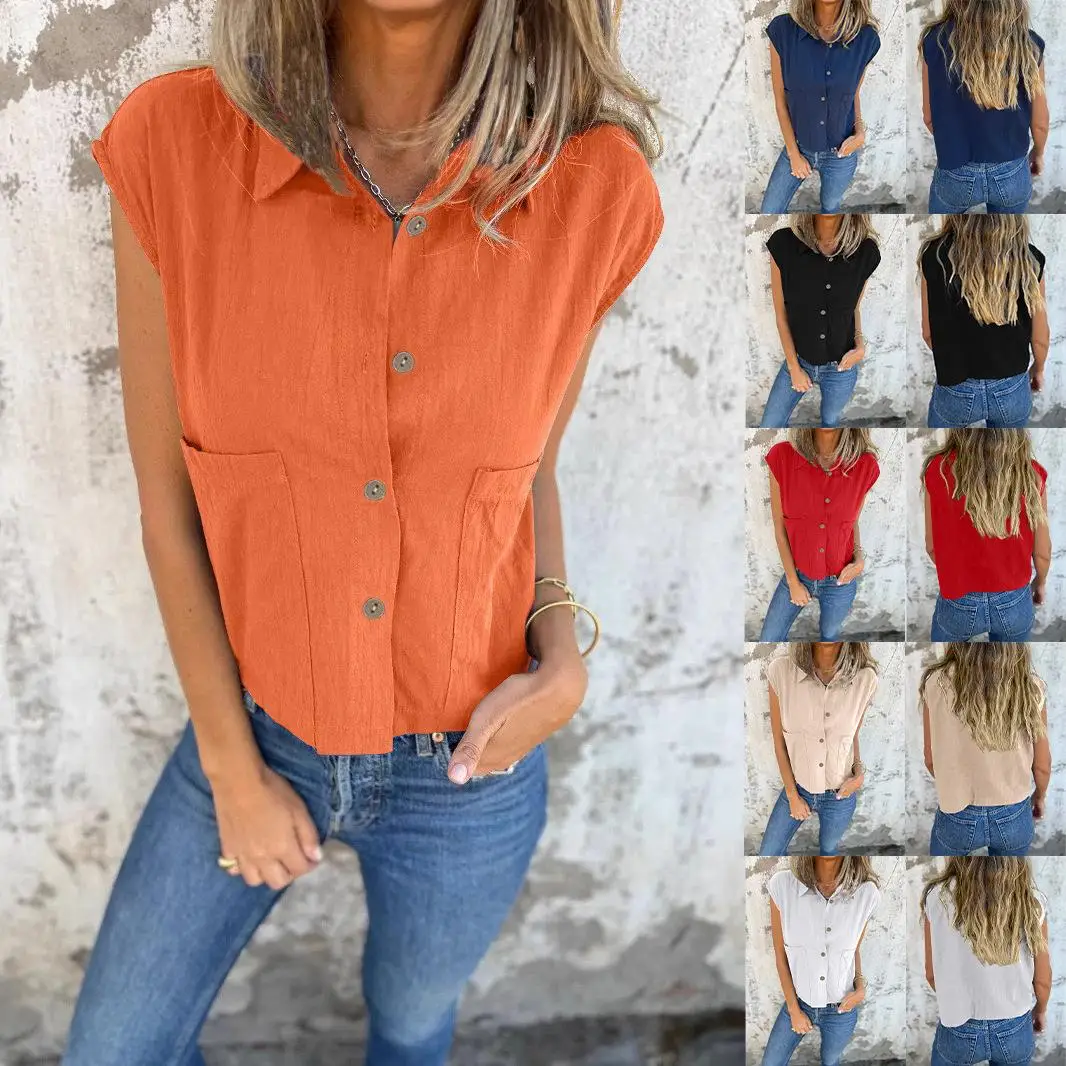 

Women's Collared irt Top Vest Flip Collar Loose Fit ort Sve Regular Thin Non-Stretch Fabric Pure Color Busin C...