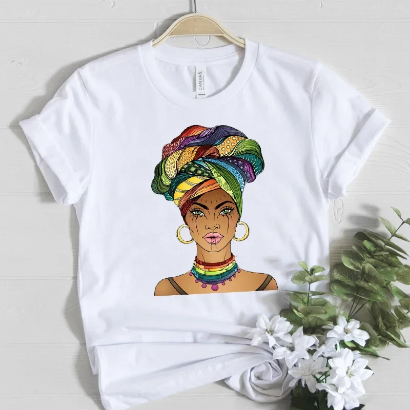 T-shirt de manga curta para as mulheres, roupa bonita menina africana, rainha melanina preta, com design dos desenhos animados