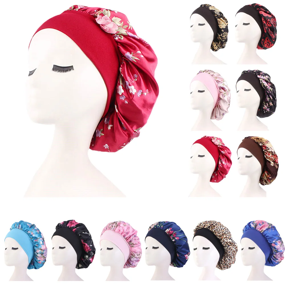 여성용 새틴 보닛, 넓은 탄성 밴드, 꽃 프린트, 실키 헤드랩, 히잡 팜므 헤어 케어 커버, 모자, 밤 수면 곱슬 모자