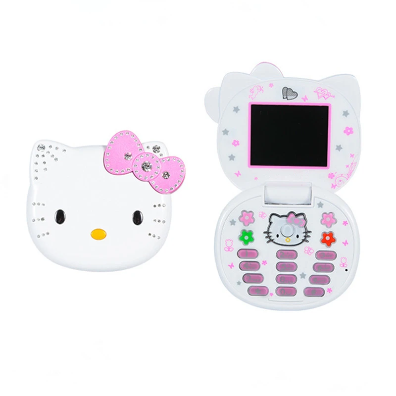 Hello Kitty Cute Mini Mobile Phone with Flip Cartoon No Lock Children Dual Card Mobile Phone with Gift Cat Head Bag Lanyard