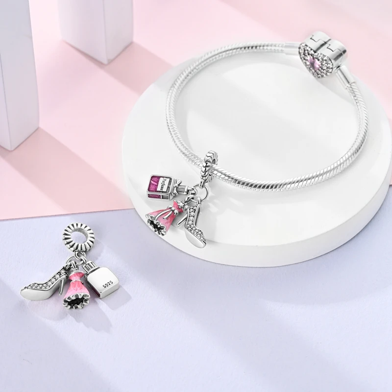 S925 Silver Perfume Bottle High Heels Princess Dress Fashion Romantic Charms Beads 3mm DIY Fine Jewelry Making