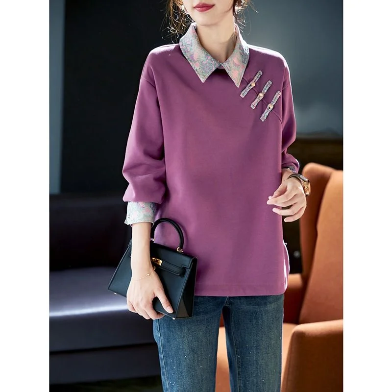 

Весенне-осенний свитшот в этническом стиле в стиле ретро, свободный пуловер с длинными рукавами и воротником-поло, базовая рубашка