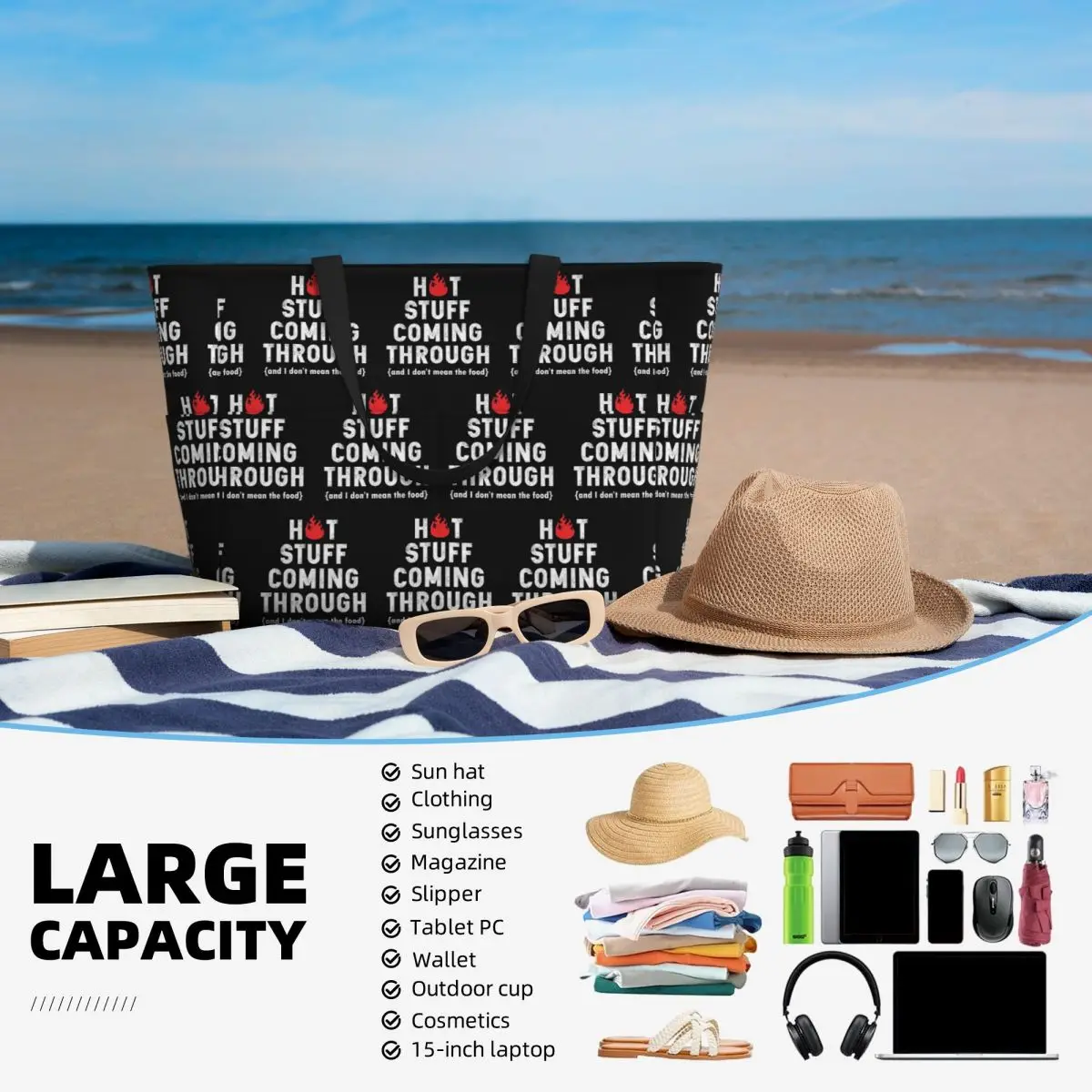 กระเป๋าโท้ทลาย Hot Stuff Coming Through Fire สำหรับใส่ของไปปิ้งย่างชายหาด ออกกำลังกาย เล่นโยคะ กระเป๋าเดินทางขนาดใหญ่สำหรับผู้หญิง กระเป๋าฟิตเนส