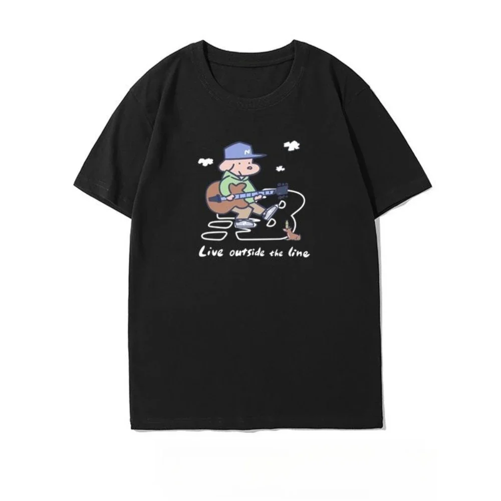 2025 Gioca alla chitarra Illustrazione T-shirt Donna Manica corta congiunta Allentata di grandi dimensioni Coppia Outfit Heart Life Mezza manica ins