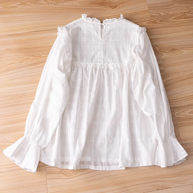 2025 Women\'s elegant blouse 100% cotton bohemian stand collar long sleeve white lace embroidery pleated shirts female