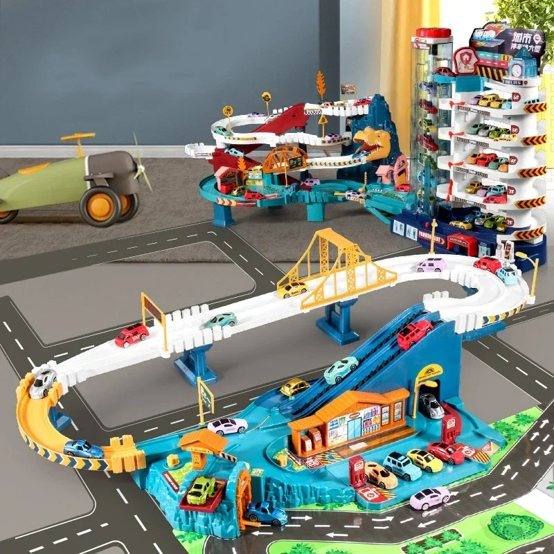 Electric Rail Car Dinosaur Building Parking Lot Adventure Racing Rail Car Toys Children Brain Mechanical Interactive Rail Cars