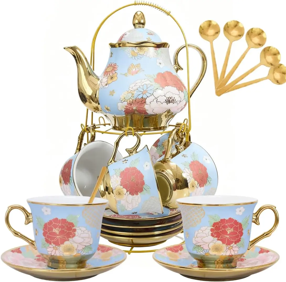 

Vintage Gold Plated Red Rose Ceramic Tea Set with Teapot, Coffee Serving for 6 People in Green