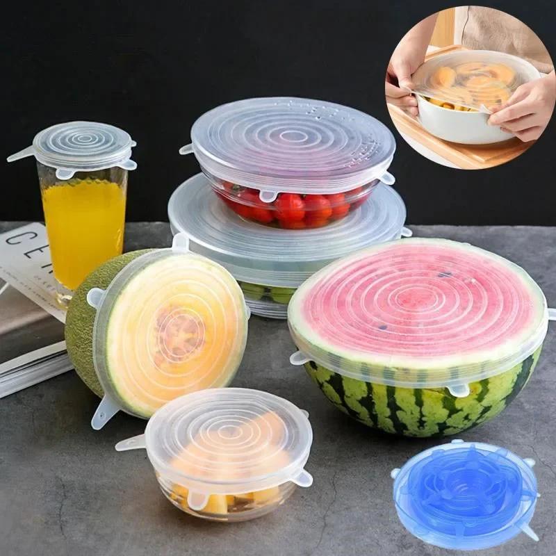 

6PCS Silicone Stretch Lids Reusable Airtight Food Wrap Covers Fresh Keeping Seal Stretchy Cover Mouth Covering Kitchen Gadgets