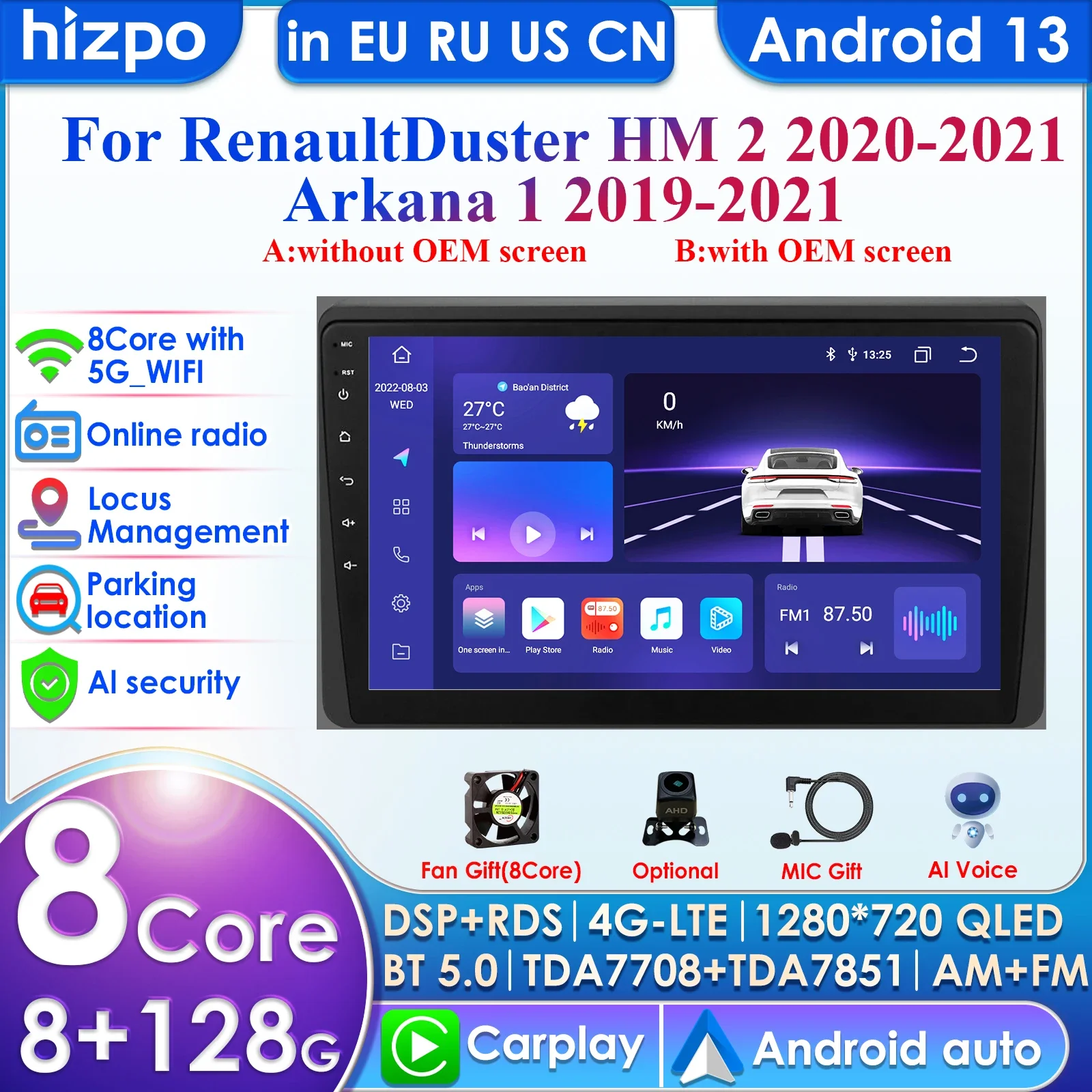 

10'' 10.33'' 2 Din Android Auto Radio for Renault Duster HM 2 2020 2021 Arkana 2019-2021 Carplay 4G Car Multimedia GPS Autoradio