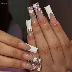 24pcs Long French Fake Nail with Full Rhinestone Flowers Design Ballet False Nail Tips for Lady Women Wearable Press on Nails