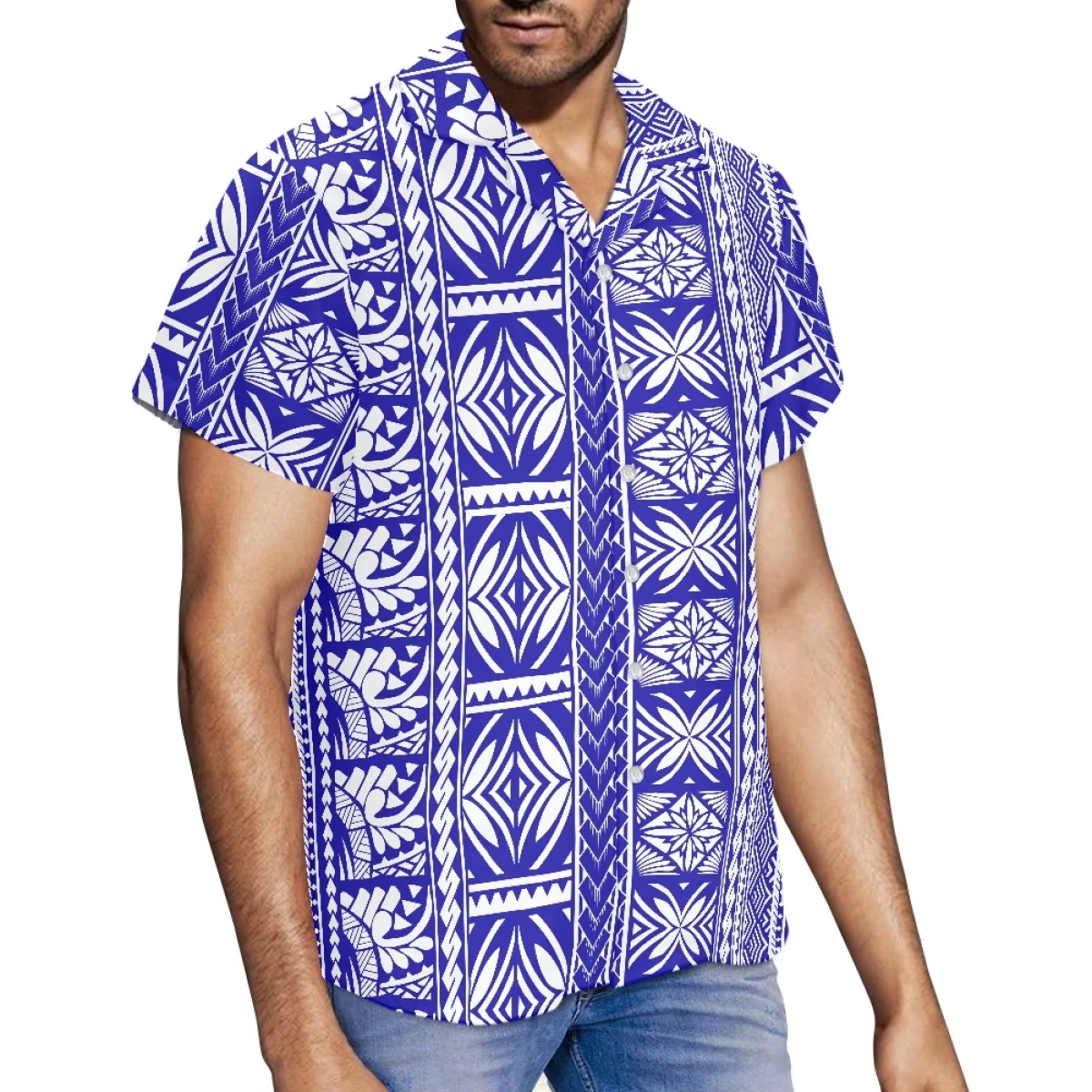 Men's Polynesian Tribal Floral Print Short Sleeve Shirt, White Samoan Style Design Button Down for Spring Summer