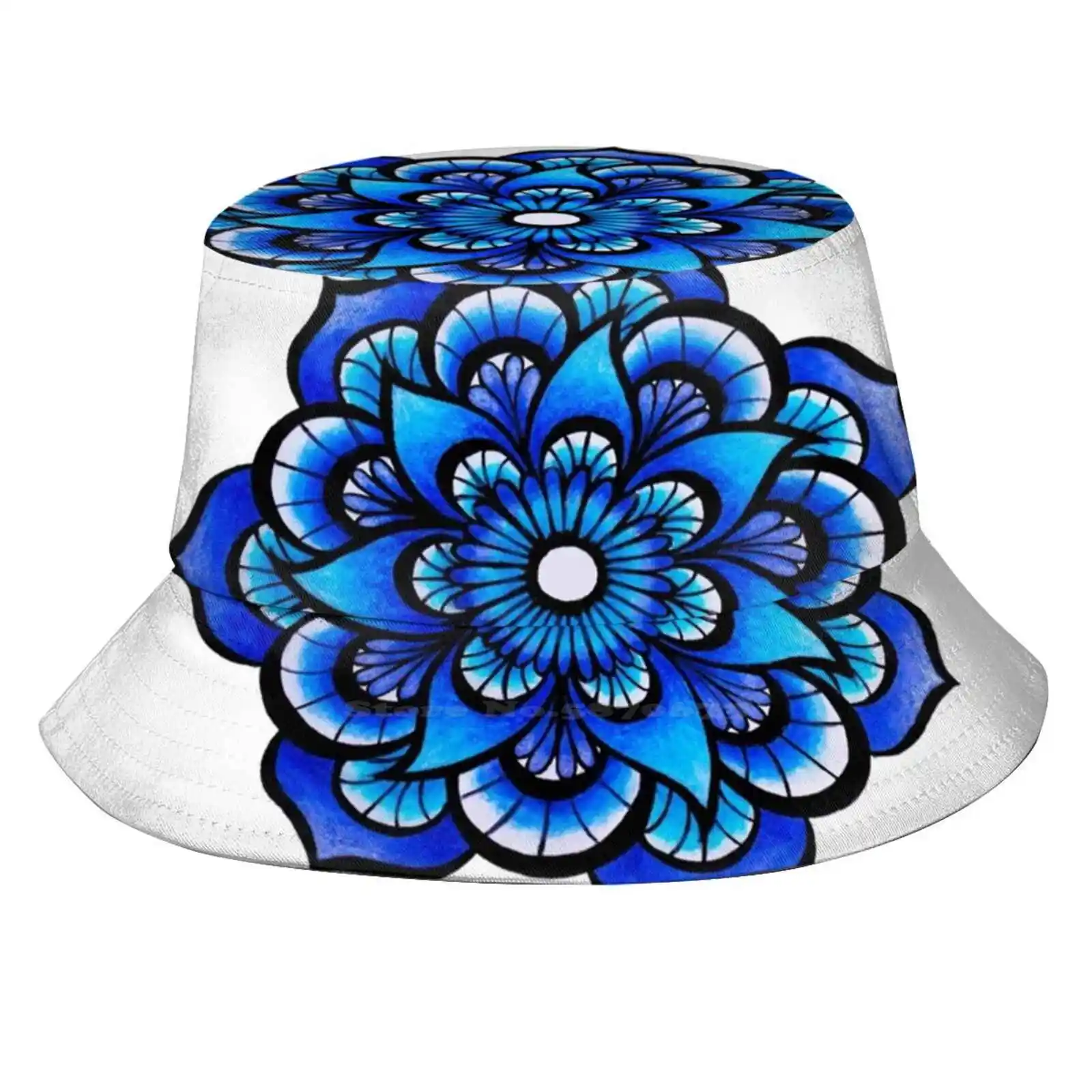 Blue Mandala Flat Top Breathable Bucket Hats Blue Mandala Zendala Zentangle Zen Art Analogous Colors Colorful Bright Flower