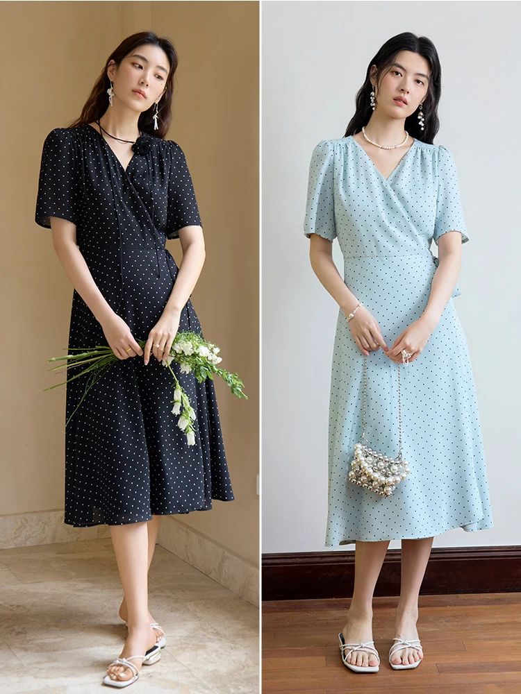 DUSHU French Style V-neck Retro Polka Dot Women Long dress 2024 Summer New Versatile Casual Elegant Dress 24DS82539 24DS82688