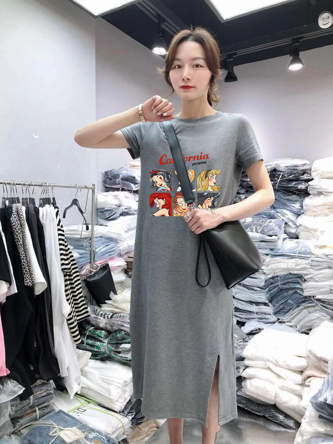 Été nouveau femmes décontracté ample Midi genou longueur ort-sav Dr confortable tricoté tissu rond Ne imprimé t-shirt Dr