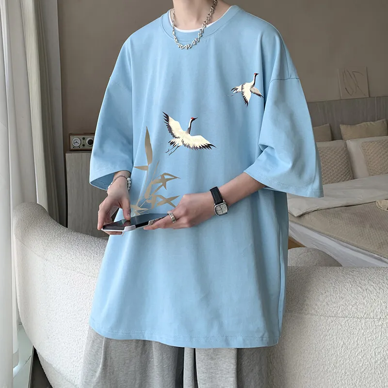 Men's Cotton T-shirts White Mens Oversized T Shirt Red-crowned Crane Print Summer Casual Wear 5XL Tee Shirts Male Clothes