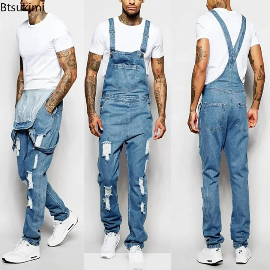 

2024 Men's Ripped Denim Overalls Full Length Suspender Pants Homme Jeans High Street Jumpsuit Distressed Casual Trousers Male