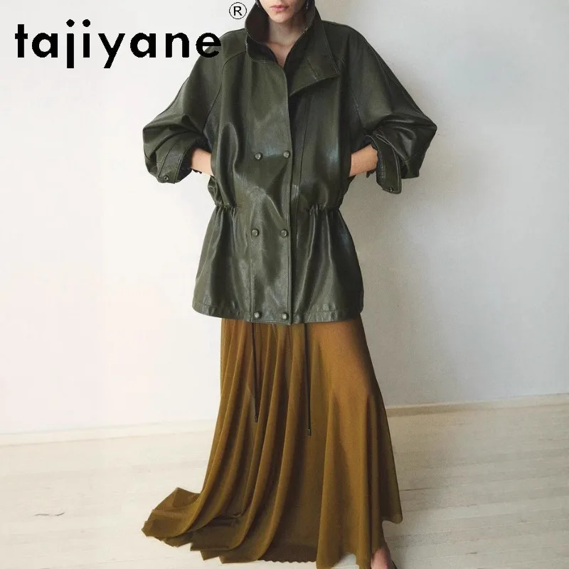 TAJIYANE Genuine Light Wax Vegetable-Tanned Sheepskin Leather Jacket Women Winter Short Trench Coat Drawstring Outerwear Косуха