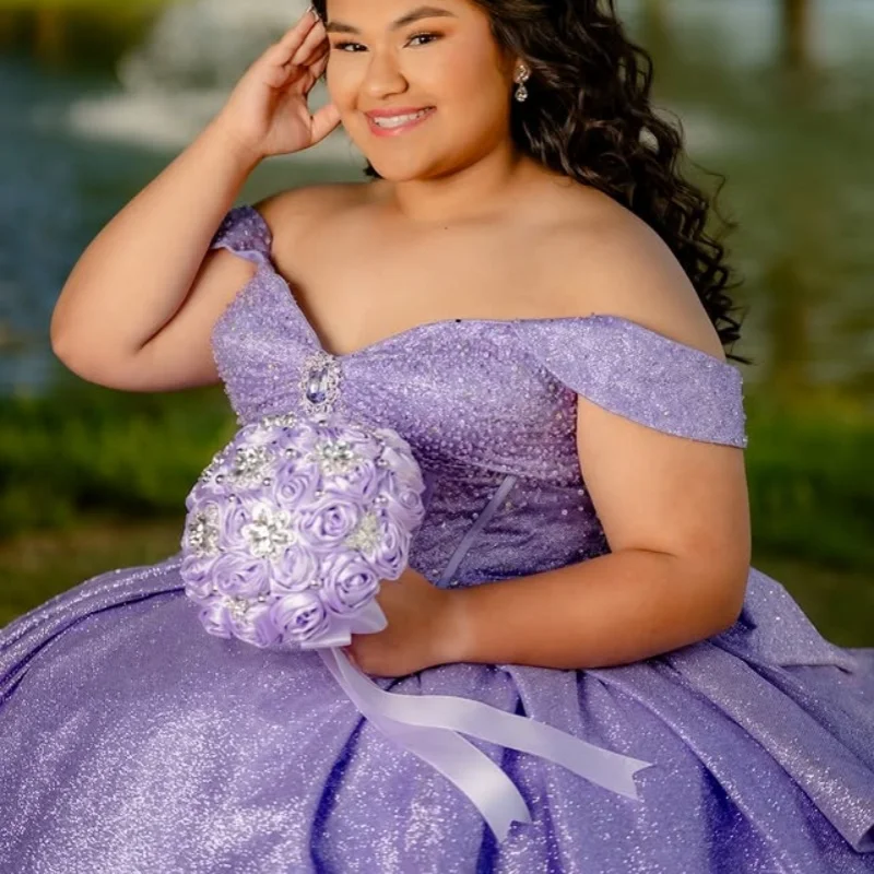 

Customized Shiny Lavender Purple Quinceanera Dresses Off the Shoulder crystal sequin applique Bow Vestido De 15 Quinceanera