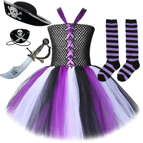 Baby Girls Captain Pirate Costume for Kids Carnival Halloween Fancy Tutu Dress Children Disguise Outfit with Eye Patch Hat Knife