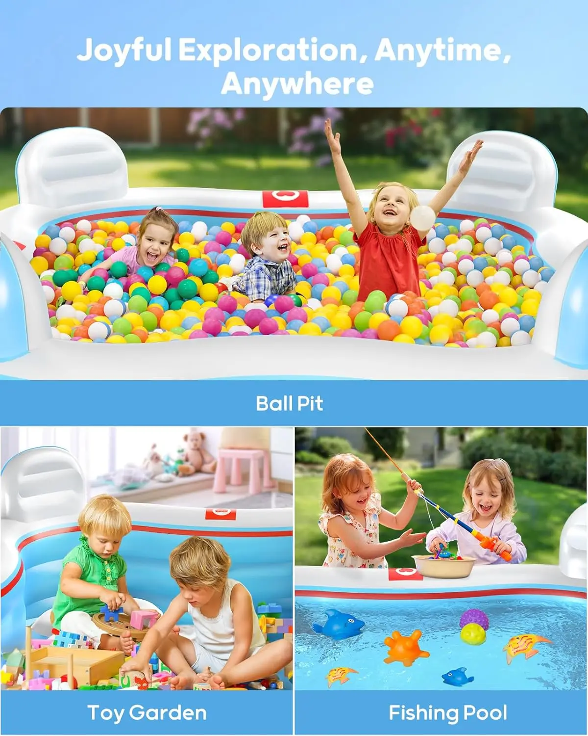 QPAU Inflatable Swimming Pool, Full-Sized Blow Up Pool with Seats and Backrests, Kiddie Pool for Outdoor & Backyard, for Family