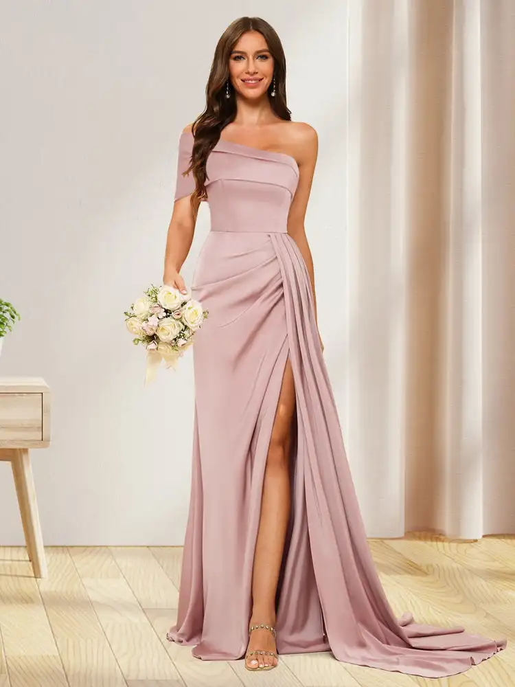 

QueensLove Bridesmaid Dress One Shoulder Satin Long Dress High Split Wedding Prom Dress A-Line Slim Evening Dress Customized