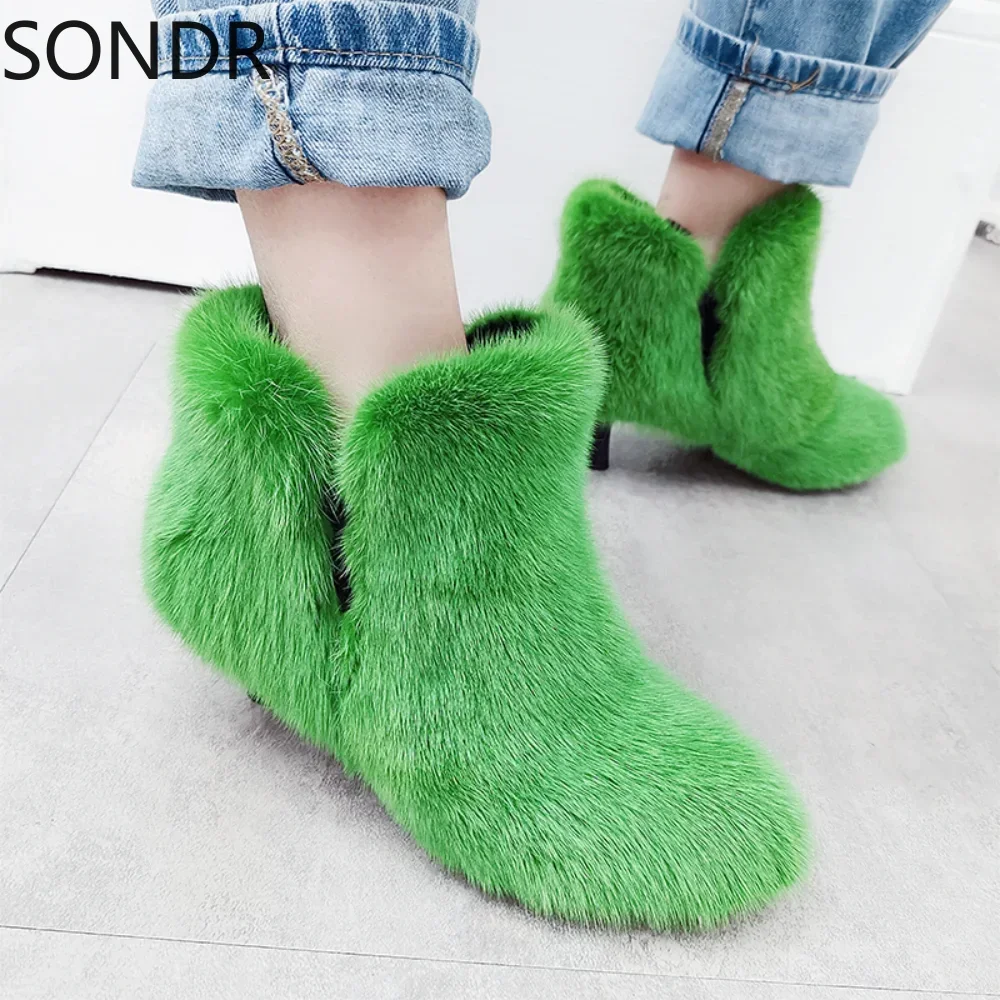 

Womens Genuine Mink Fur Leather Furry Ankle Boots Stilettos High Heel Luxury Shoes Custom Made Candy 11 Color Australia